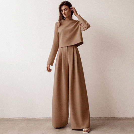Uzun Kollu Crop  Geniş Paça Pantolon Set
