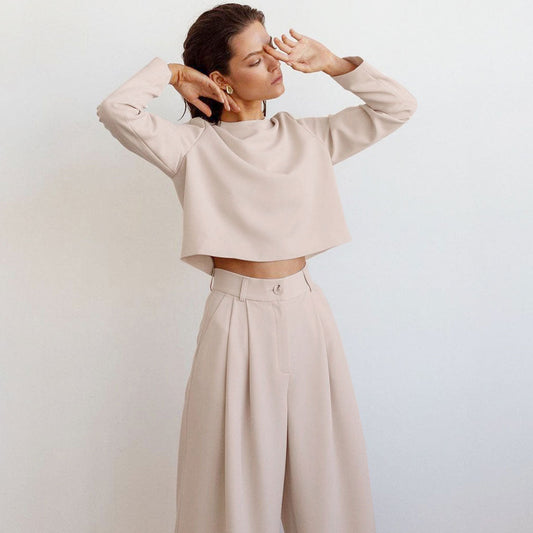 Uzun Kollu Crop  Geniş Paça Pantolon Set