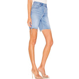Sokak Stili Yüksek Bel Yıpranmış Bermuda Denim Şort - Mavi