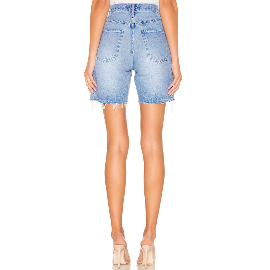 Sokak Stili Yüksek Bel Yıpranmış Bermuda Denim Şort - Mavi