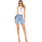 Sokak Stili Yüksek Bel Yıpranmış Bermuda Denim Şort - Mavi