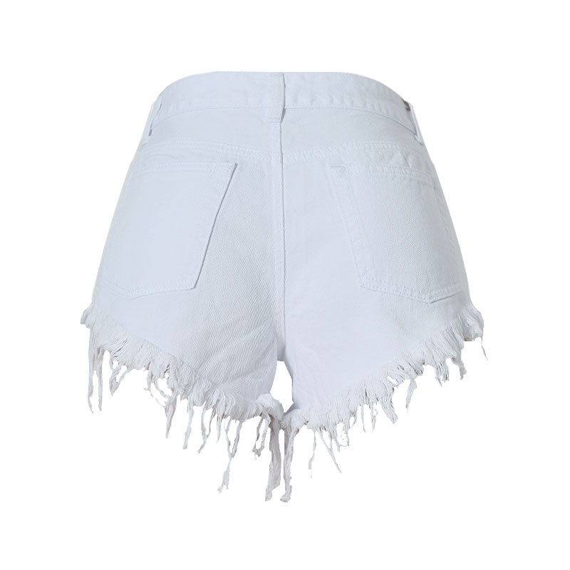Sokak Stili Yüksek Bel Yıpranmış Sıkıntılı Denim Şort - Beyaz